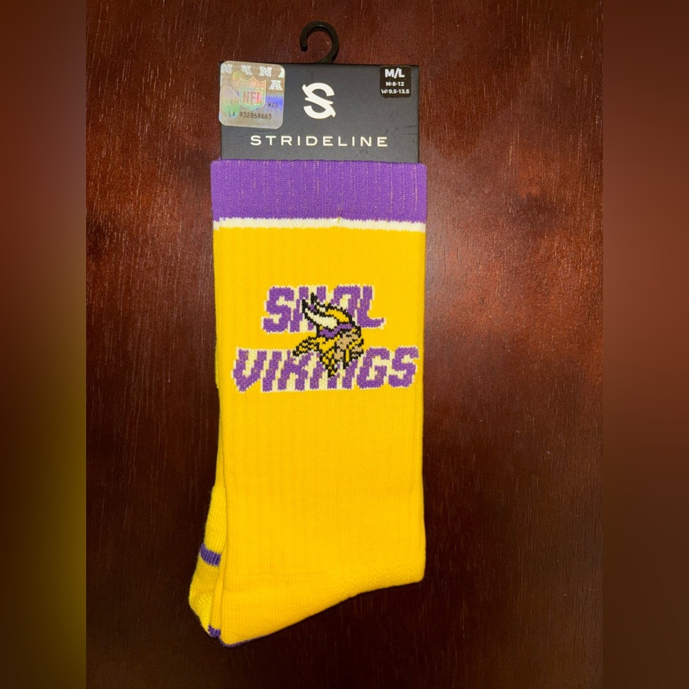 MINNESOTA VIKINGS STRIDELINE CREW SOCKS NWT MEN’S SHOE SIZE 8-12